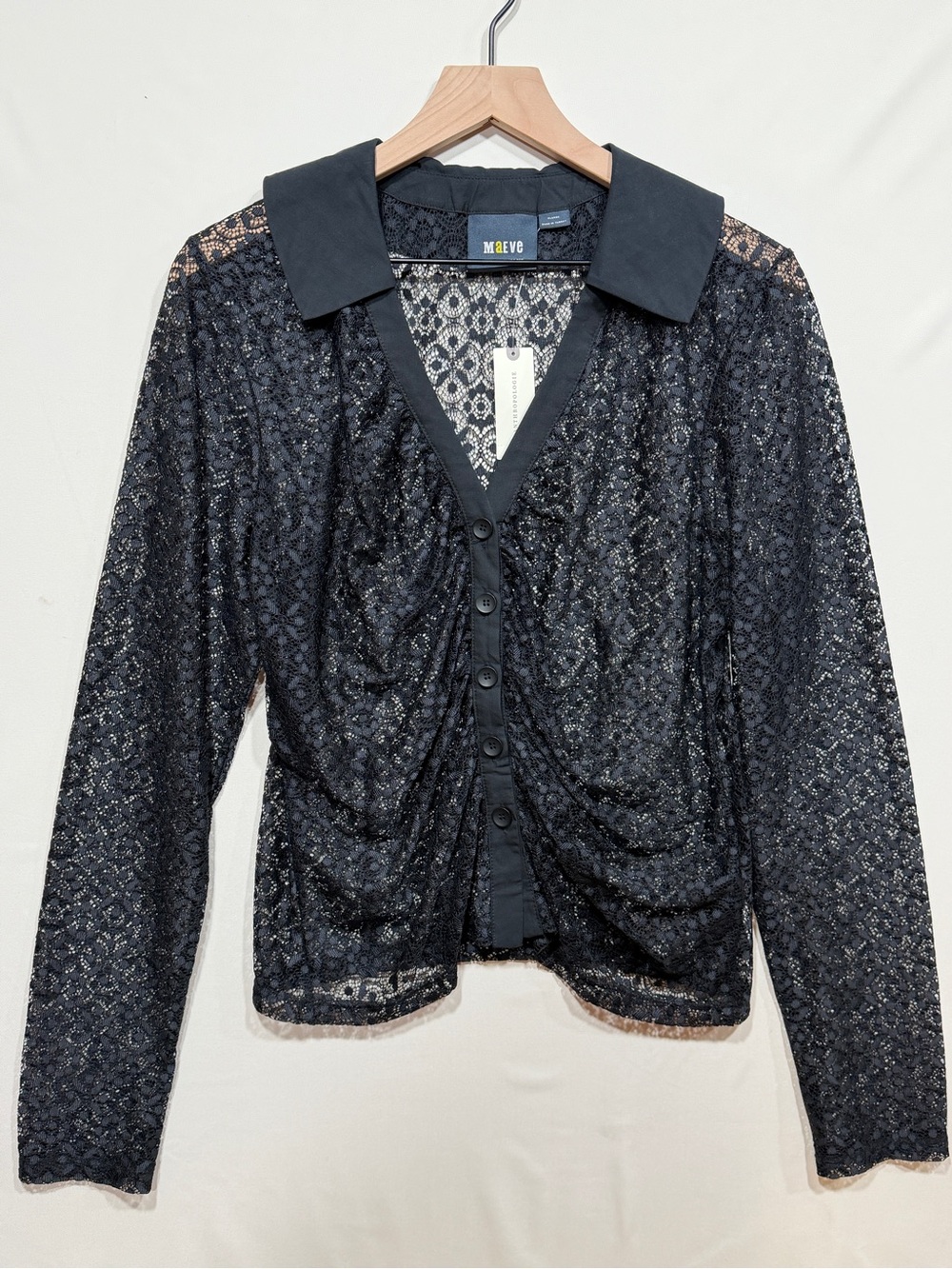 Maeve Black Lace Button-Front Long Sleeve Shirt
